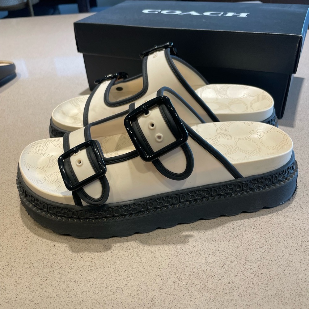 Coach Dual Strap Black and White Slides - Picture 3 of 4